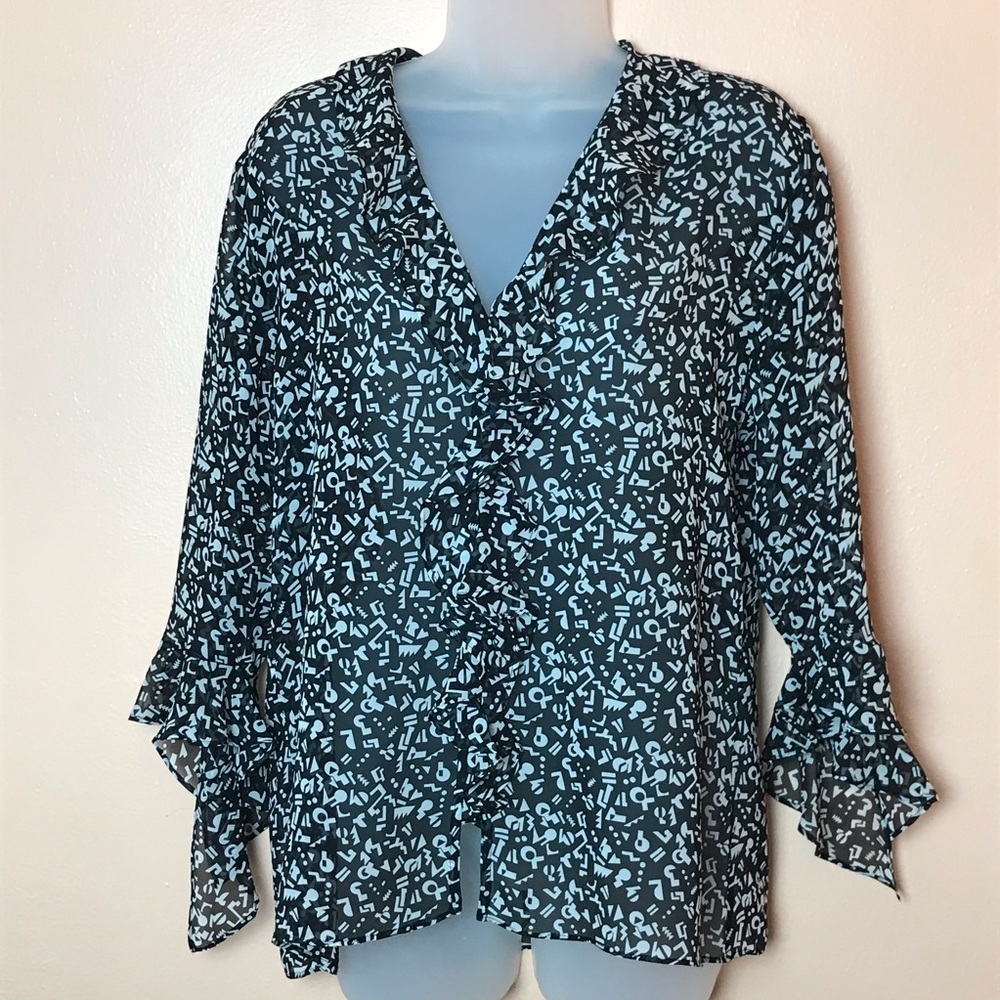 Chico’s Black and White Geometric Silk Blouse Women S
